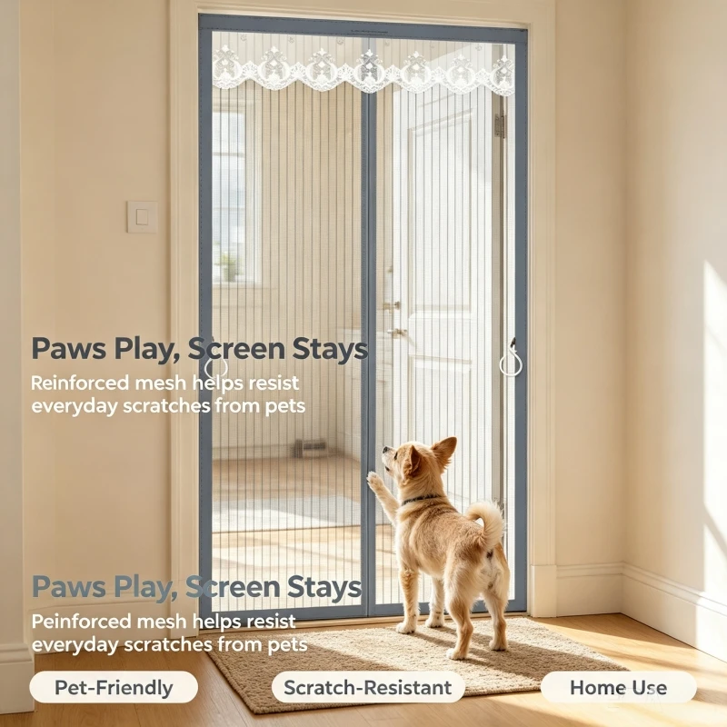 Magnetic Self-Closing Anti-Mosquito Door Screen Curtain, Split Mesh Fly Net with White Lace Top and Grey Frame,Bug Barrier