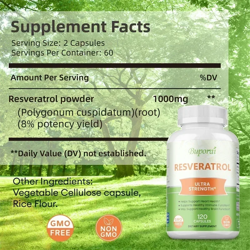 Resveratrol Extract Capsules - Repairs Cells, Enhance Cell Vitality, Smooth Skin, Support Brain, Heart and Cardiovascular Health