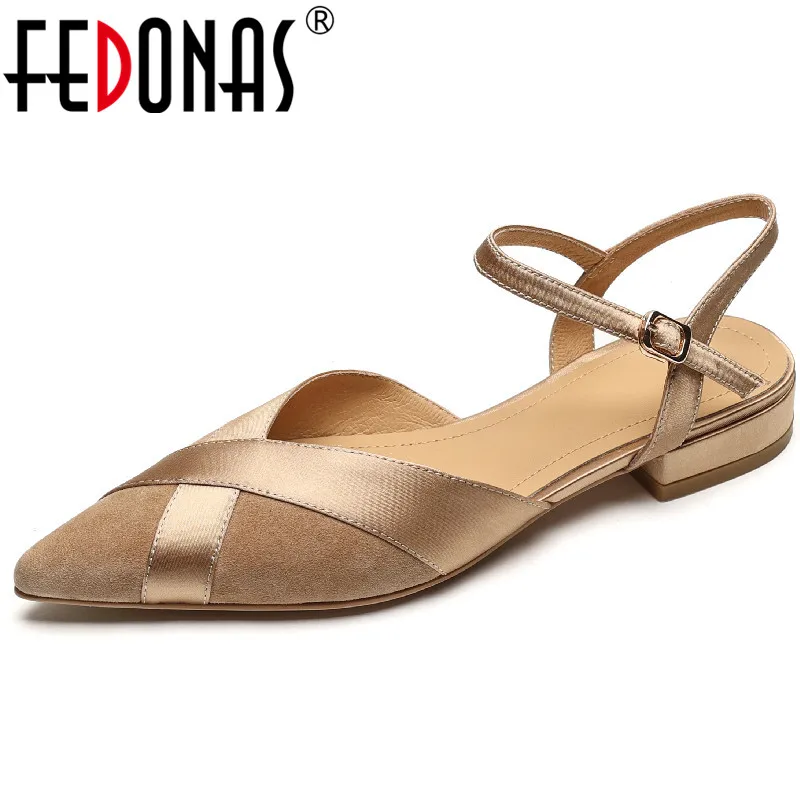 FEDONAS Pointed Toe Low Heels Women Sandals Elegant Fashion Kid Suede Leather Spring Summer Office Ladies Casual Shoes Woman