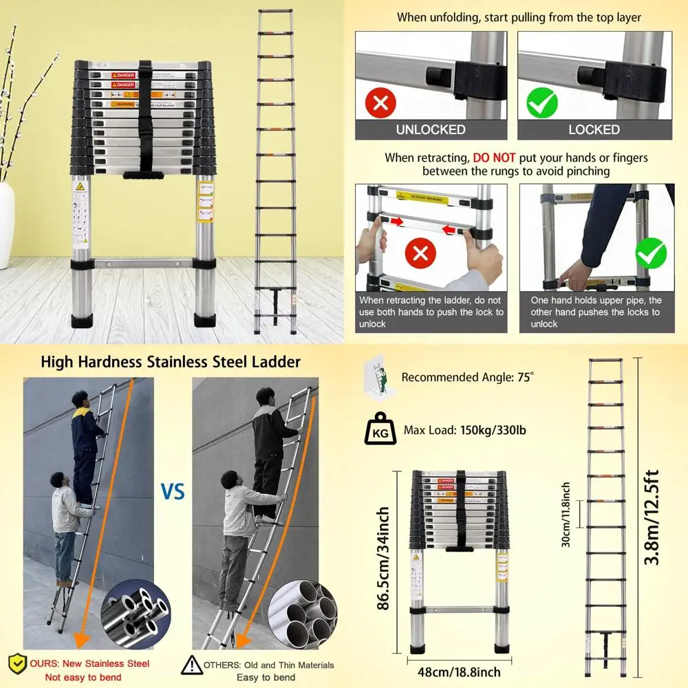 

Telescoping Ladder 12.5FT/3.8M Stainless Steel Telescopic Extension Ladder Heavy Duty Portable Collapsible Ladder Sturdy & Solid