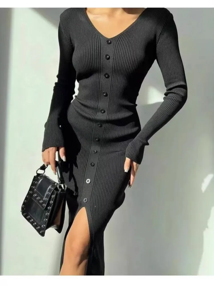 

Elegant Vestidos French Dresses 2025 Woman Temperament Vestido Femininos Commuting Knitted Slit Bodycon Long Sleeves Solid Color