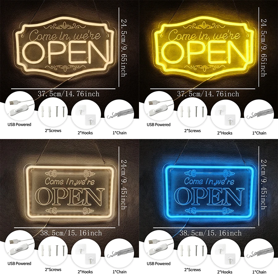 Come In We'Re Open Led Neon Sign, 3D Carved Icon Business Wall Lamp, Used For Decor Of Bar, Restaurants, Shops, Hotels And Cafes