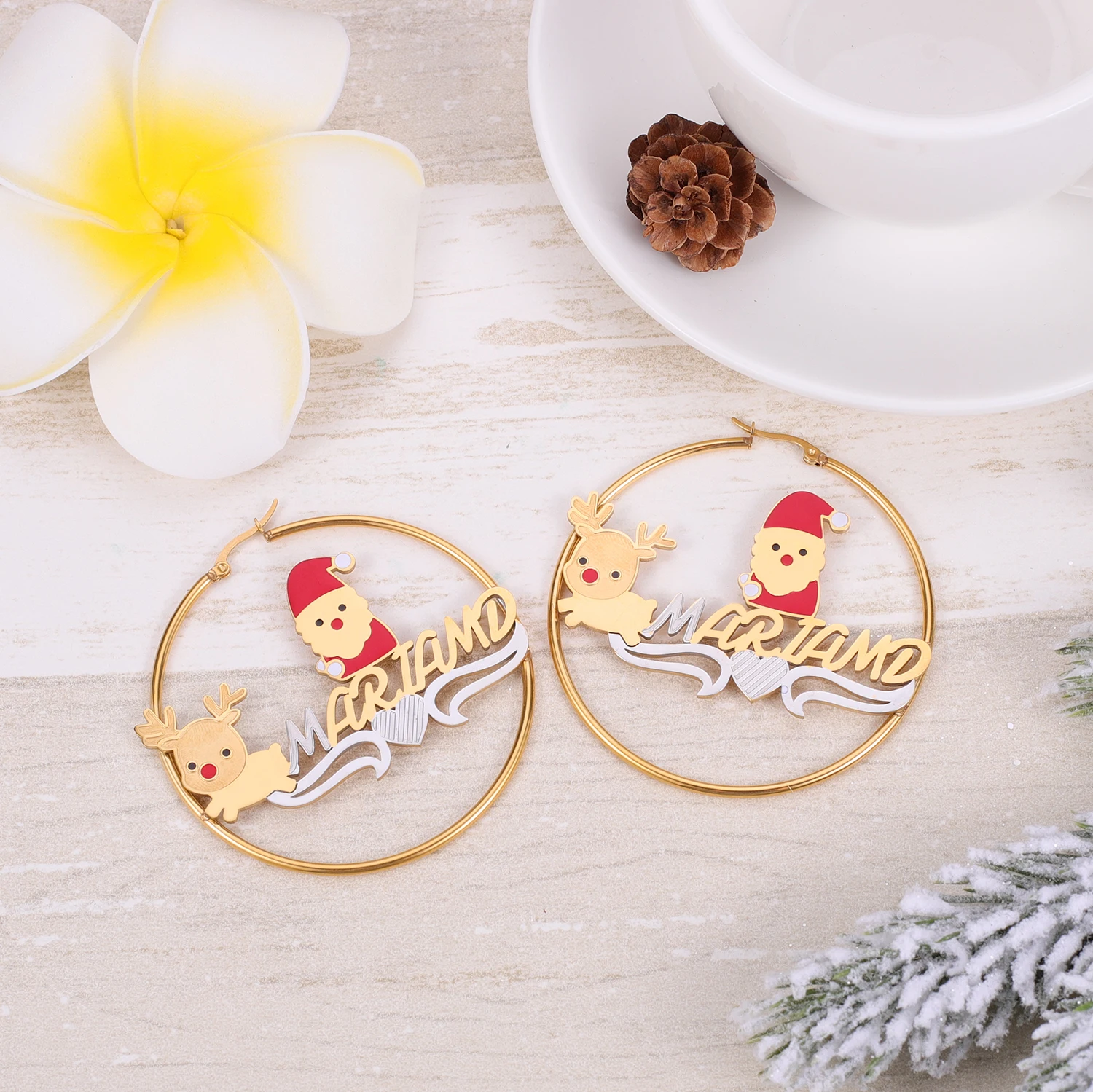 Personalized Two - Tone Custom Festive Jewelry Name Christmas Hoop Earrings with Santa & Reindeer Design
