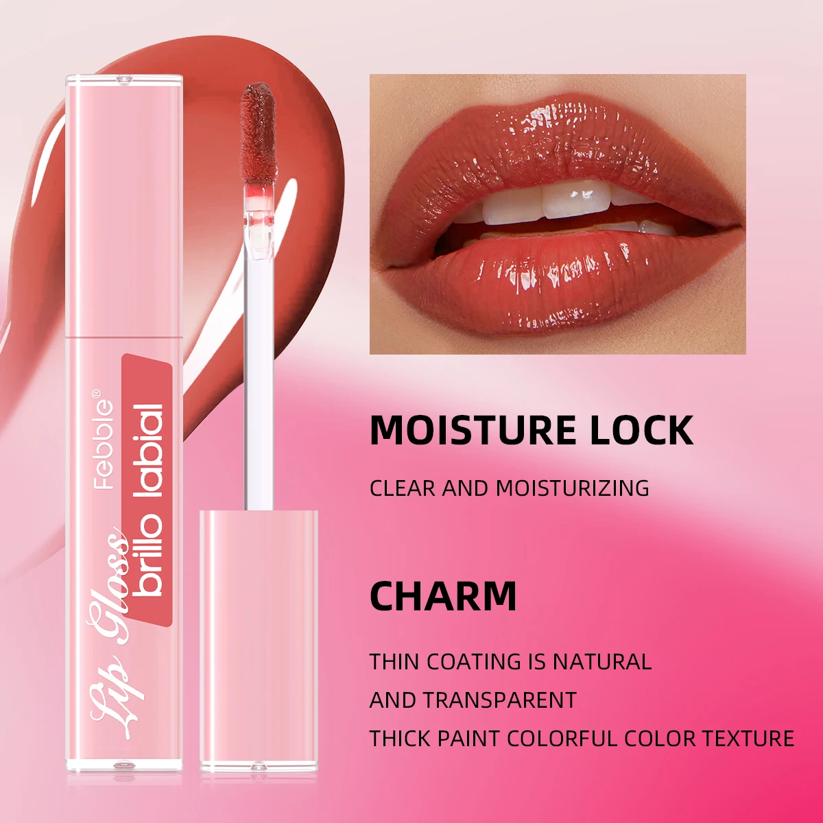 FEBBLE Lucidalabbra idratante, idratante a lunga durata, impermeabile, morbido e setoso, effetto lucidalabbra a specchio, tinta rossa