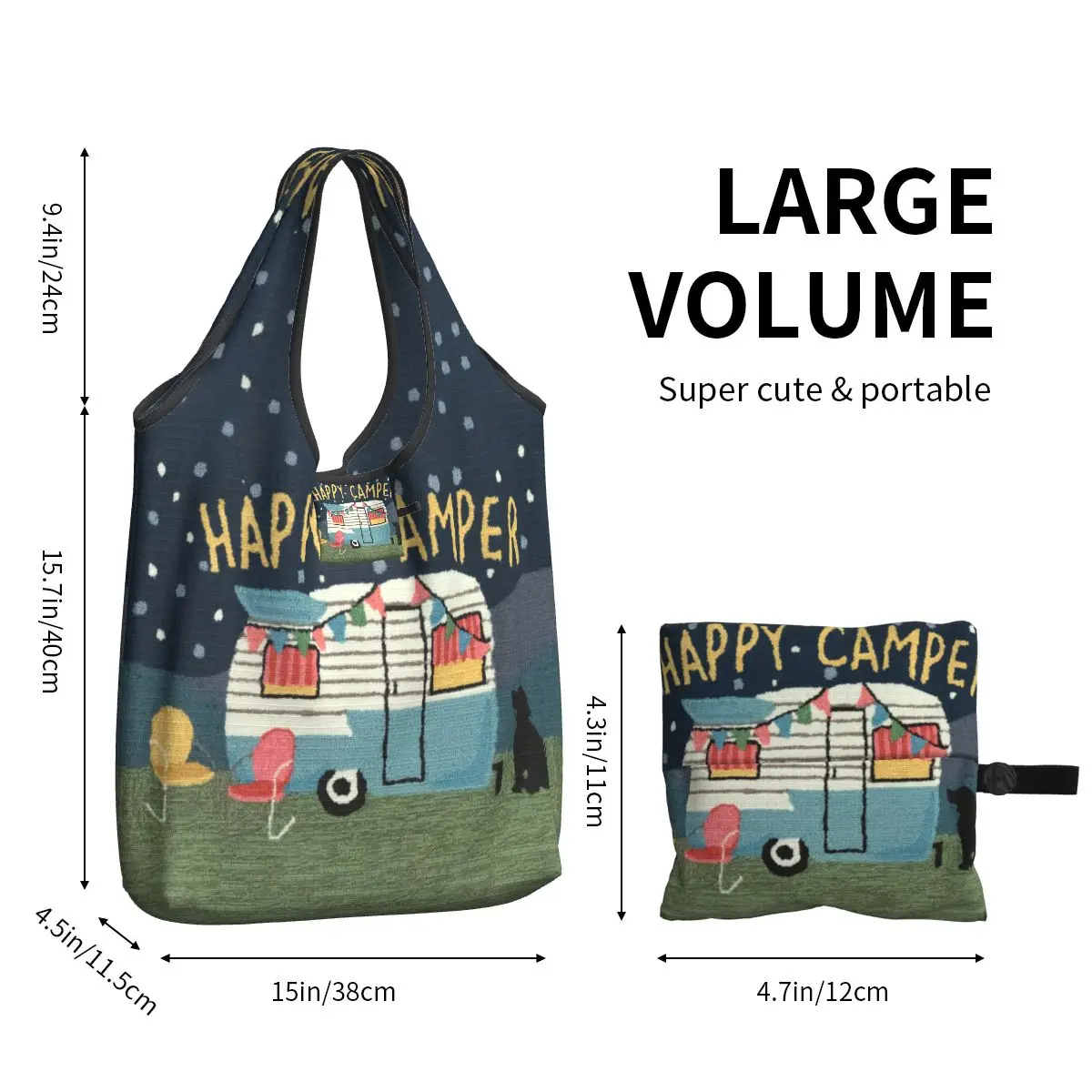 Kawaii Printed Adventure Travel Happy Campers Tote Shopping Bags Portable Shoulder Shopper Cartoon RV Camping Handbag