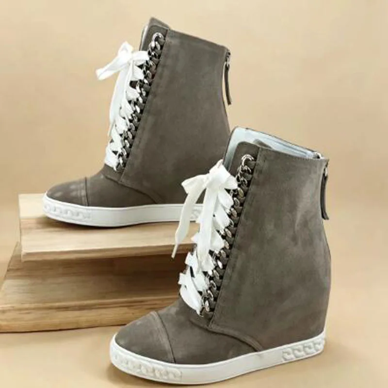 Autumn Grey Suede 8 CM Hidden Wedges Sneakers Booties Women Lace Up Back Zipper High Top Casual Wedge Ankle Boots Shoes Lady