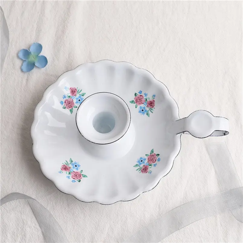 Vintage European Enamel Candle Holder: Floral Design with Rustic Charm