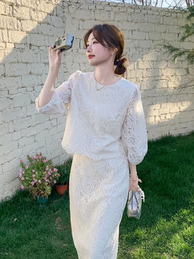 

Milk Color Lace Embroidery Set Women's Summer 2025 New f Skirt Upper Lower Two-Piece Set Skirt Faionable Ensemble