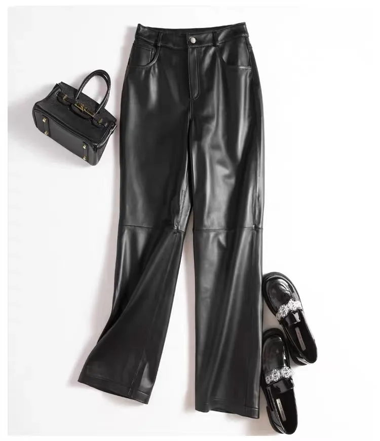 Women's Retro-Style Sheepskin Leather Pants Wide-Leg Straight-Leg Casual Flowing Genuine Leather Trousers