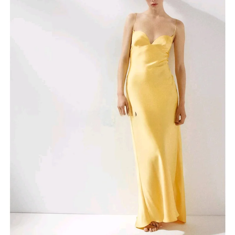 Ele Hohe Taille Seide Satin Lange Dr Sommer Neue Ankunft frauen matte Herz Kragen Svel Kleid Casual Wear