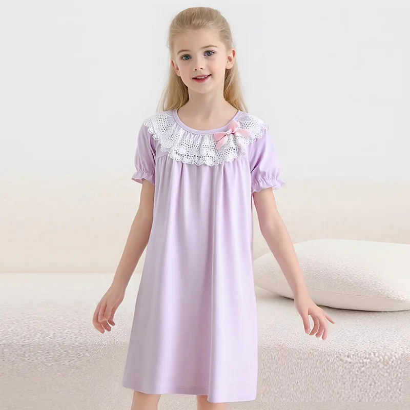 Short Sleeved Nightgown Summer New Thin Casual Loose Comfortable Simple Solid Color Lace Collar Bow Pajamas