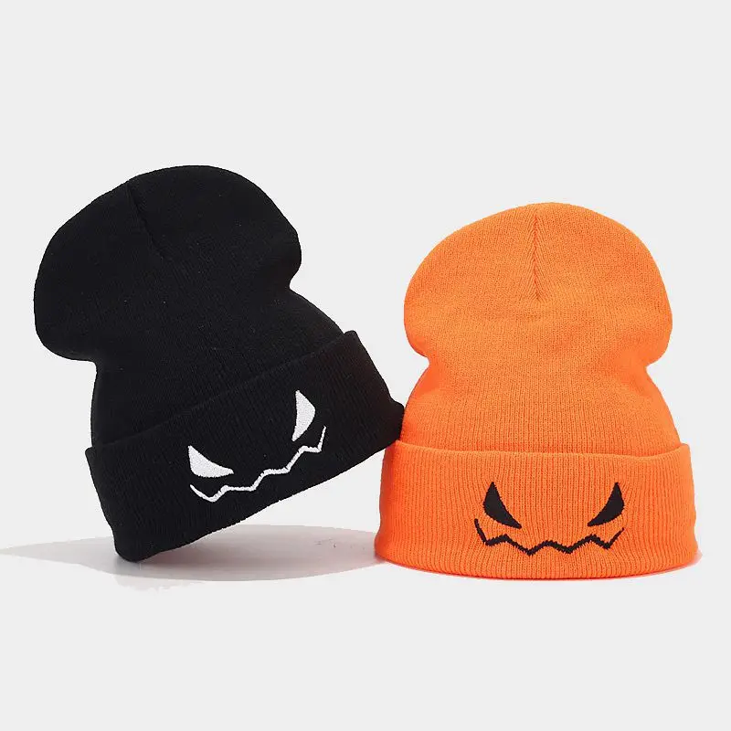 New Halloween Pumpkin Imp Embroidered Orange Knitted Hat Men Women Quirky Woolen Pullover Cap Fashion hip-hop Cap Hot