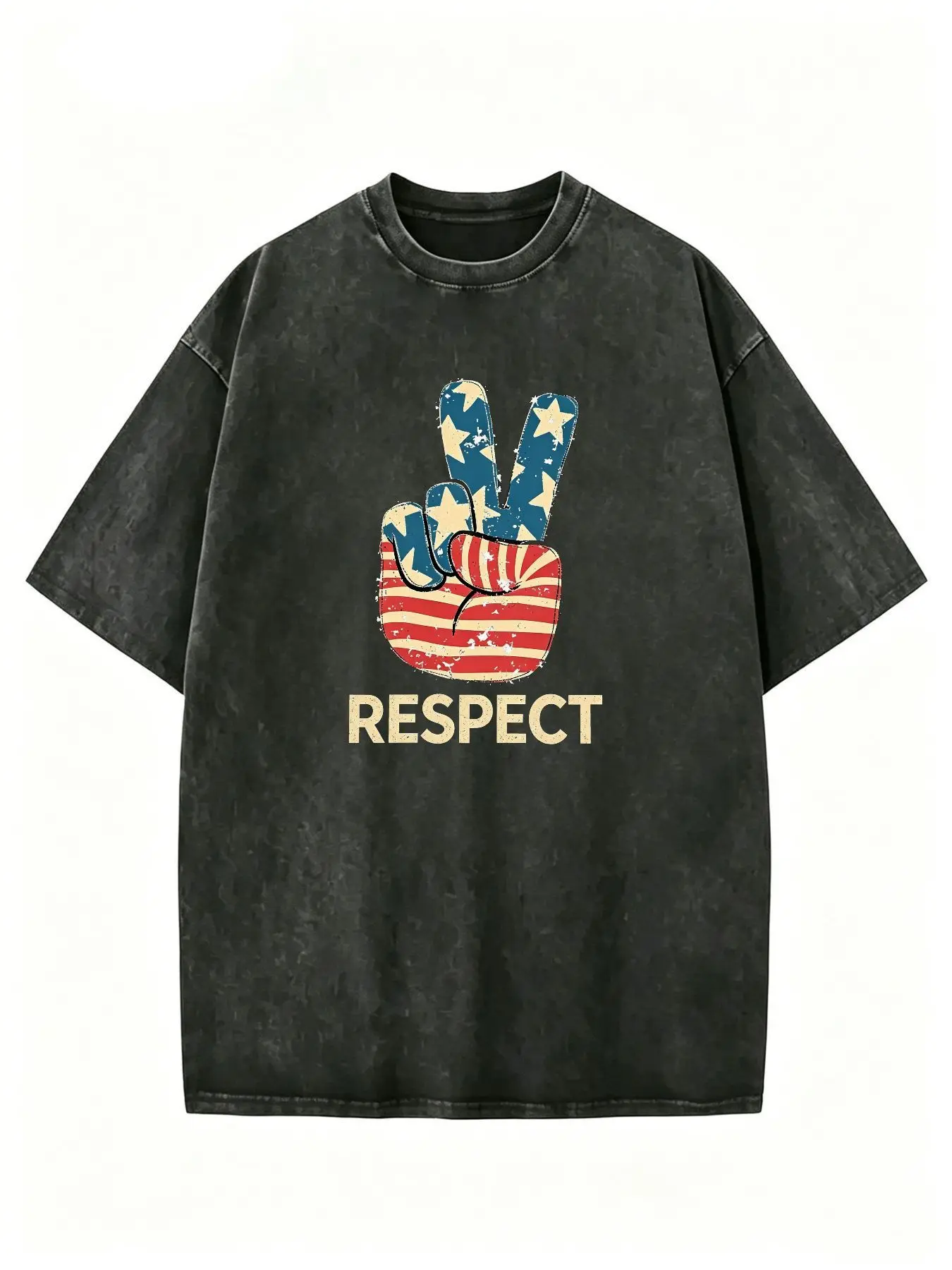 Men's Vintage Washed Black Oversized T-Shirt, Peace Gesture Graphic Print, Soft Washed Fabric, Breathable Wash Process, Hip-Hop Urban Style, Y2K Grunge Aesthetic, Unisex Casual Loose Fit