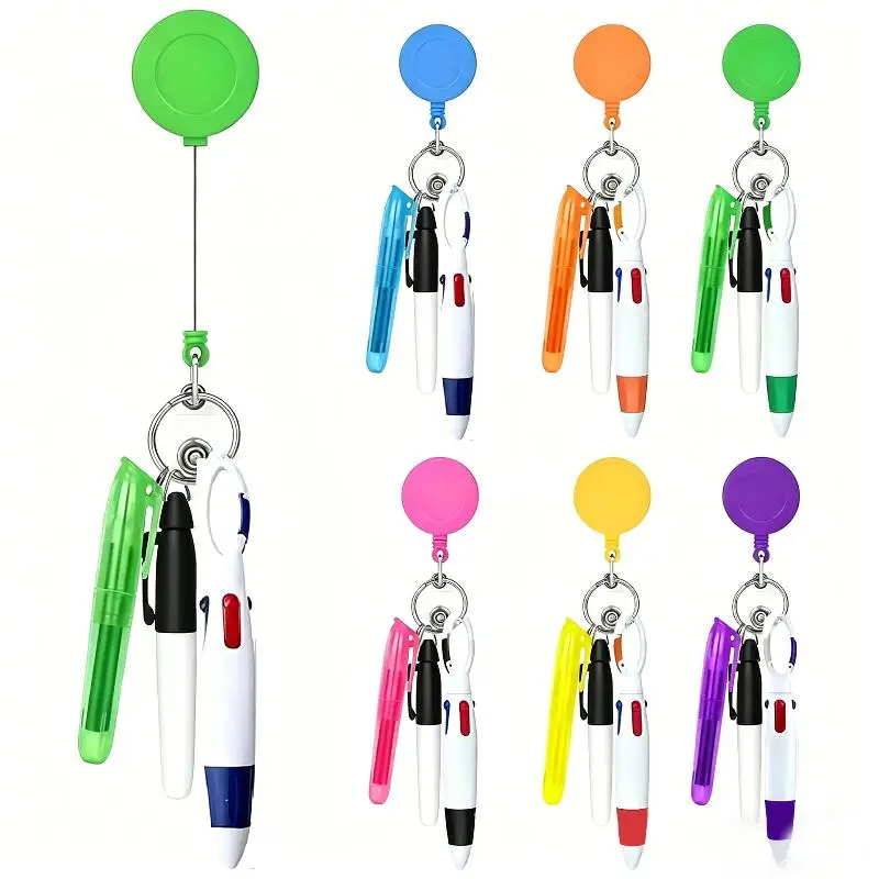 ۞ Retractable Badge Reel Pen Set With Highlighter And 3in1 Ballpoint Pen For Nurses Students Office Workers