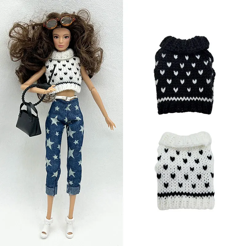 1/6 Doll Clothes Sleeveless High-Neck Heart-Patterned Sweater Fashion Knitwear Dress-Up Knit Clothes For 30cm Supermodel Dolls