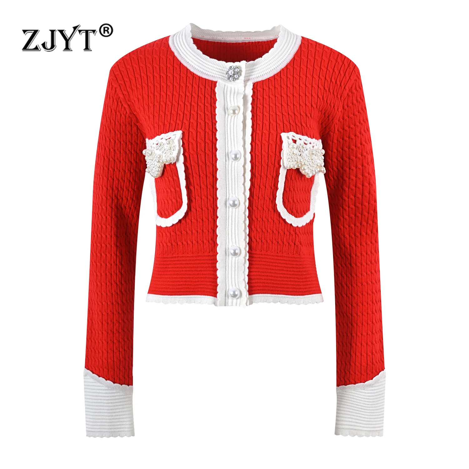 ZJYT Autumn Winter Pearls O Neck Cardigan Sweaters for Women Long Sleeve Knitted Tops Red Black Jersey Mujer Fashion 2024 New