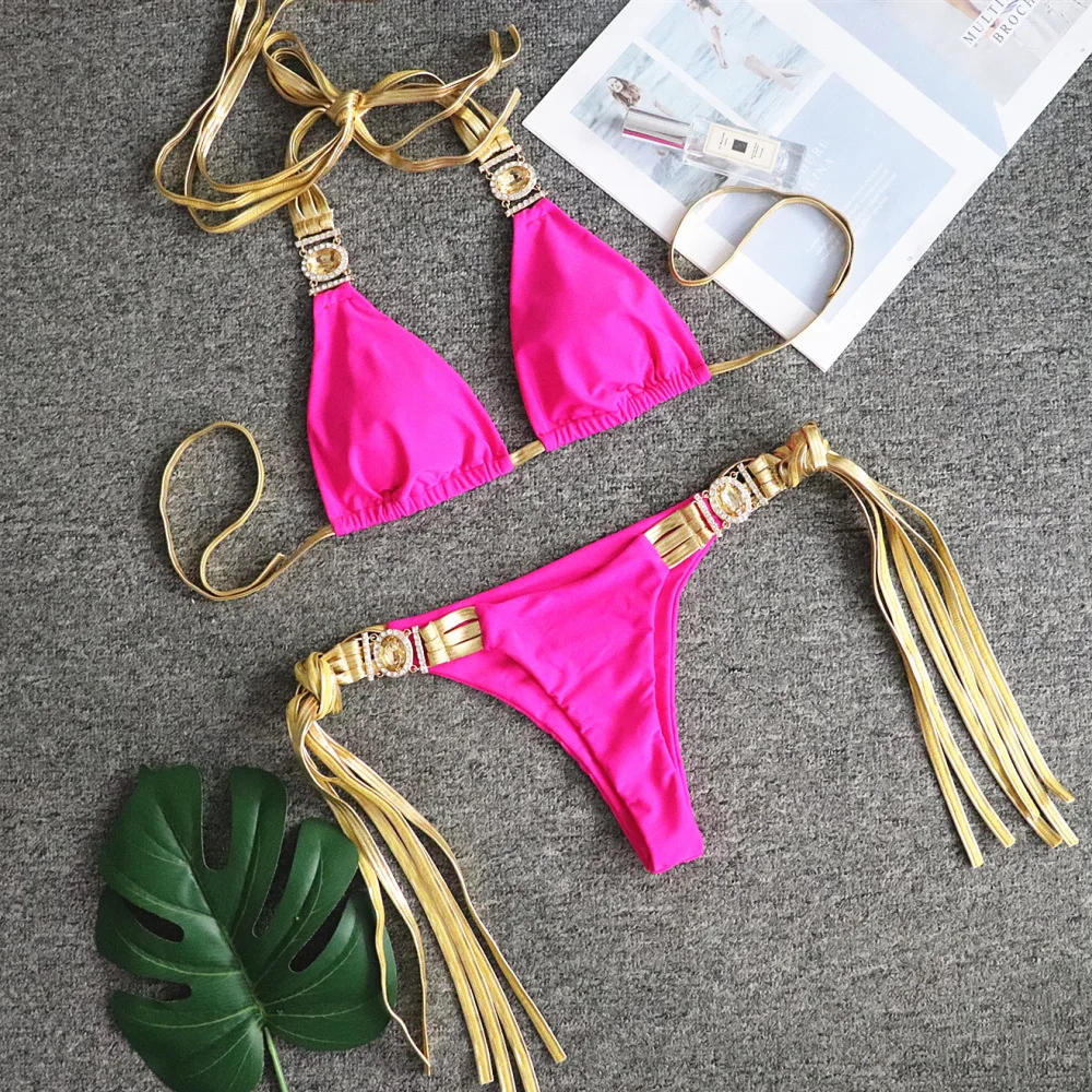 2022 Rhinestone Crystal Tassel Bikini Women Golden Bandeau Swimsuit Female Halter Swimwear Two-pieces Bikini set Bathing Suit