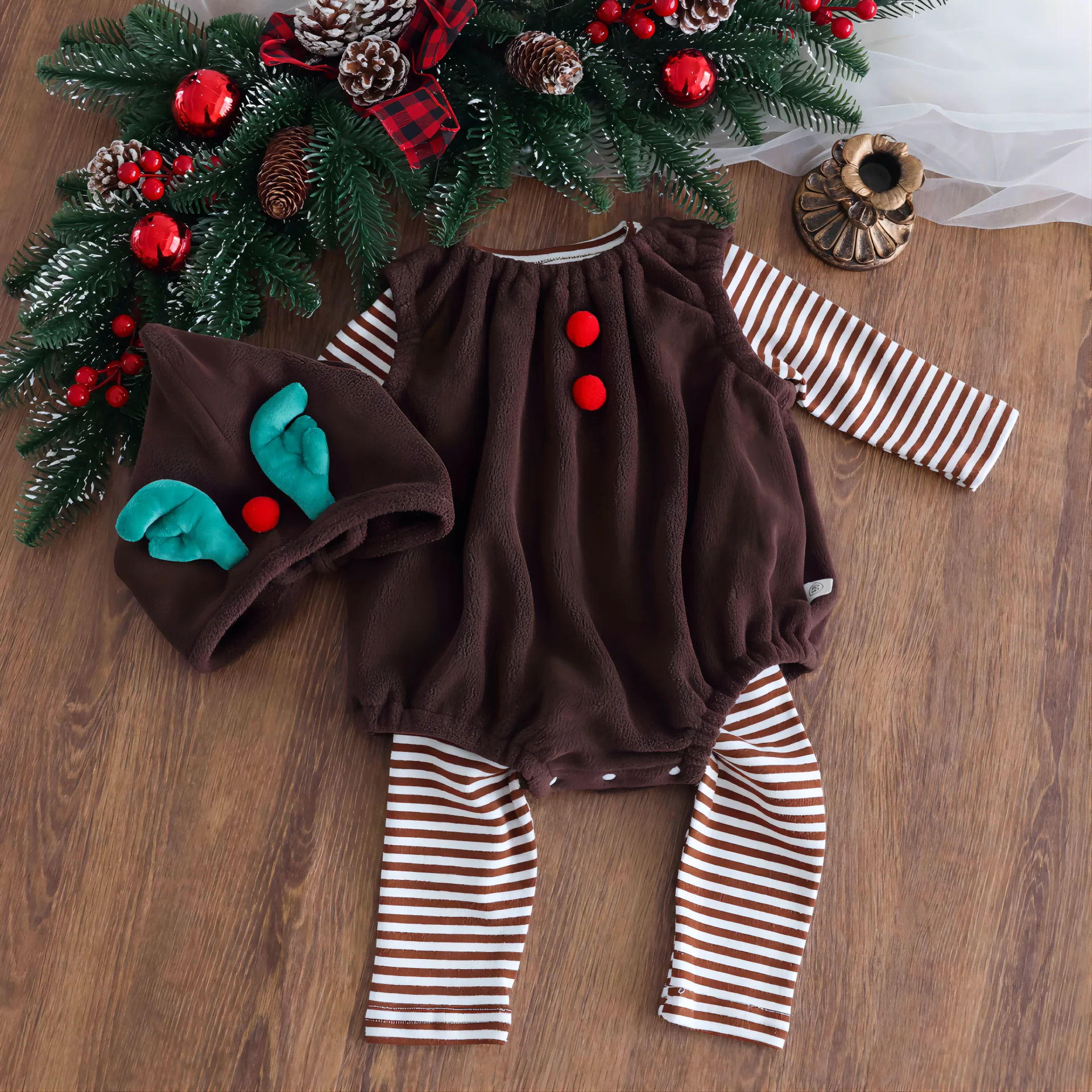 Baby Christmas Costume Cute Boys and Girls Children Hooded Sleeveless jumpsuit Striped Long Sleeve Pants Christmas Clothes 3 Pie