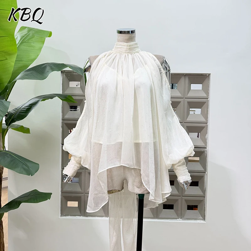 

Женская блузка KBQ с оборками и блестками, воротник-стойка, рукава-фонарики, свободный крой, повседневный стиль, модная женская одежда