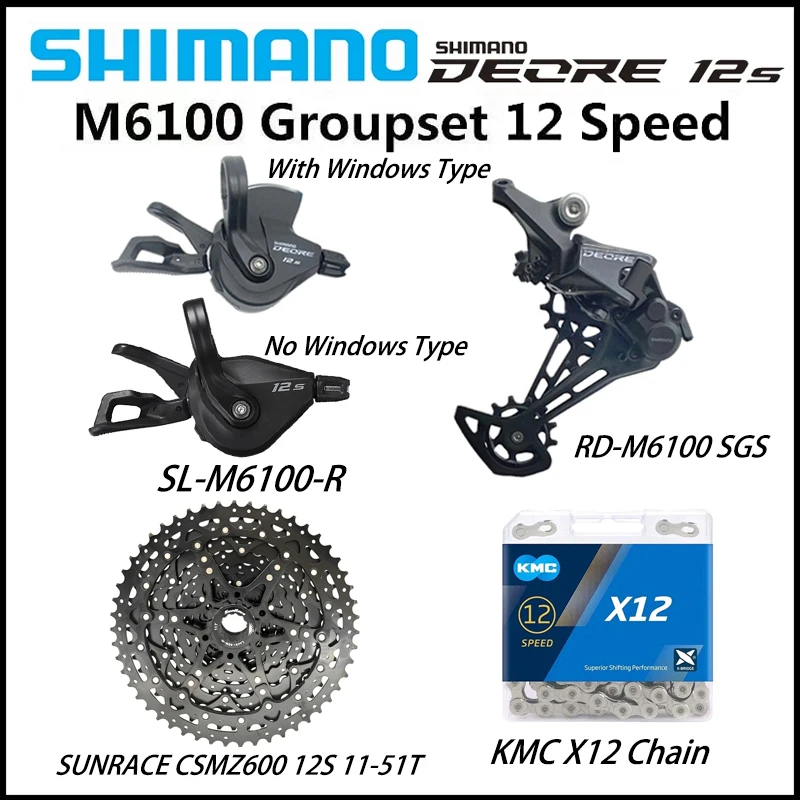 

Shimano Deore M6100 1x12 Speed Groupset SL-M6100 Shifter RD-M6100 SGS CN-M6100 12S X12 Chain Sunrace Cassette CSMZ600 51T