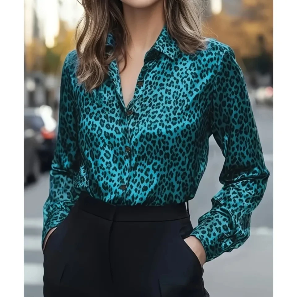 

Autumn New Satin Leopard Print Long-sleeved Women's Shirt 2026 Fashion Single-breasted Lapel Long-sleeved Female Office Shirt