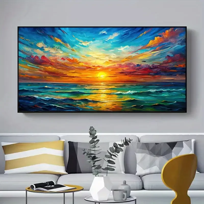 1pc Vibrant Sunset Ocean Canvas Wall Art - Large 27.56x55.12 Inch Frameless Modern Abstract Print, Dramatic Colorful Seascape wi