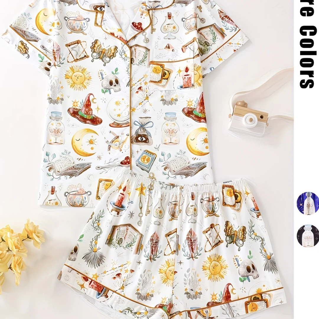 

Белый женский пижамный комплект на Пасху с мотивом «Звездная магия», с отложным воротником, короткими рукавами и шортами, домашняя одежда, подарки