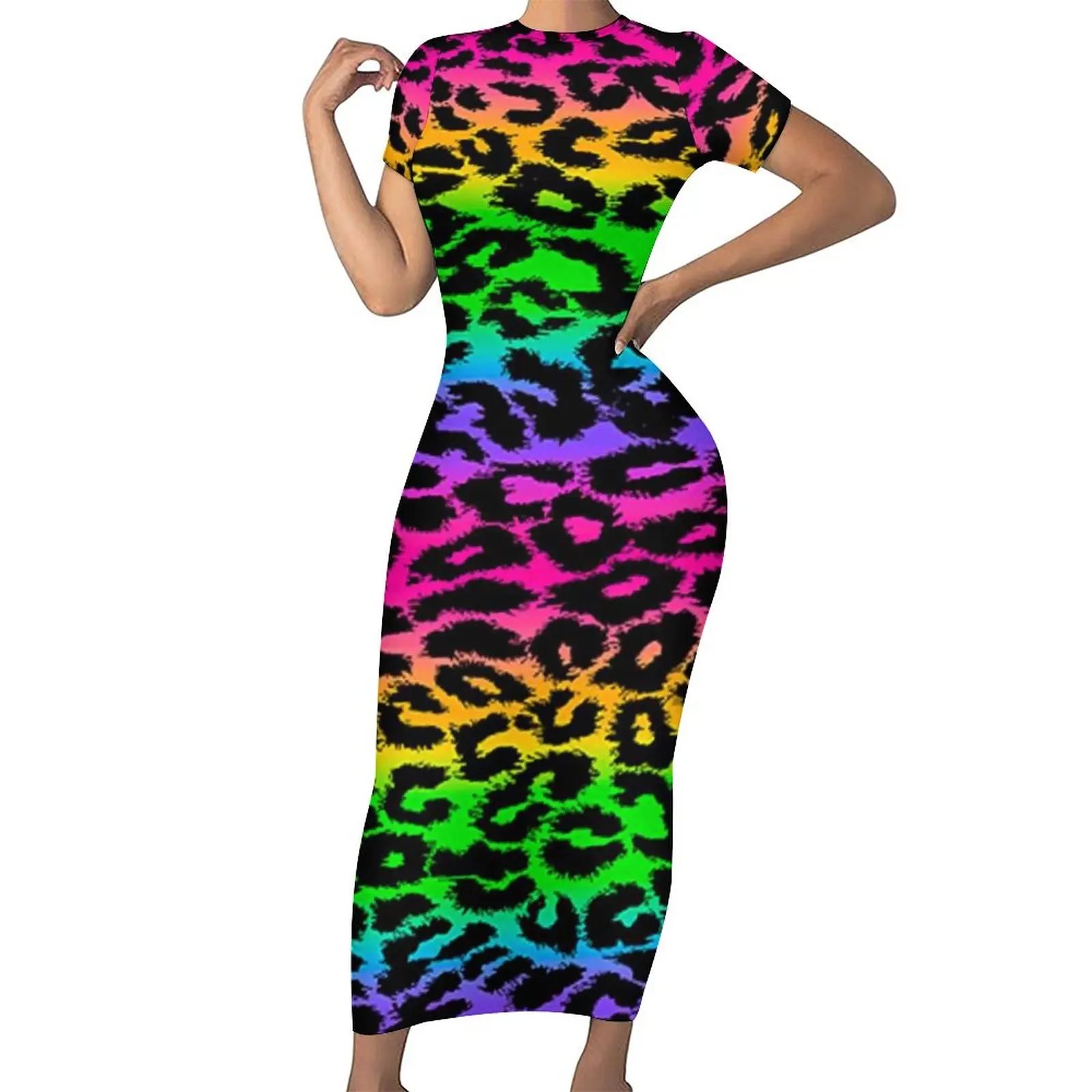 Leopard Rainbow Bodycon Dress Holiday Funny Aesthetic Print Elegant Maxi Dresses Womens Short Sleeve Pattern Street Style Dress