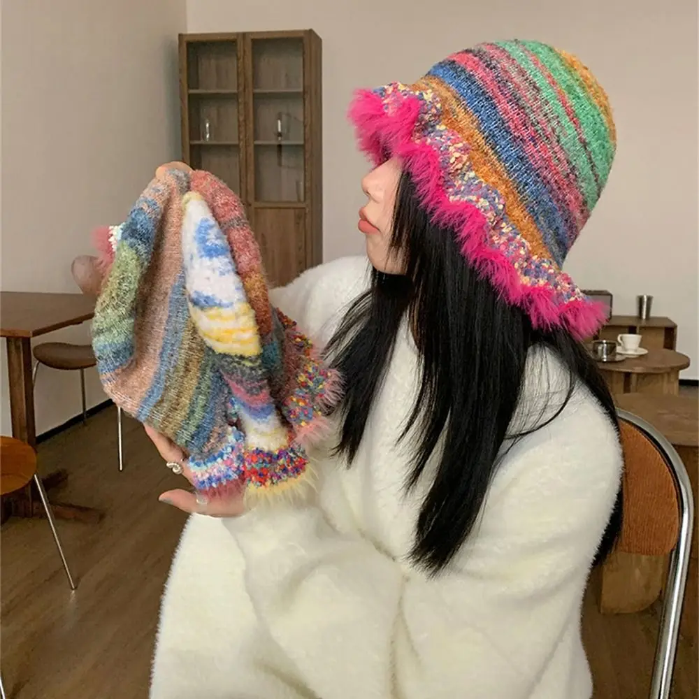 Fashion Crochet Knitted Knit Buket Hat Rainbow Stripe Winter Warm Soft Woolen Hat Beanie Cap Autumn