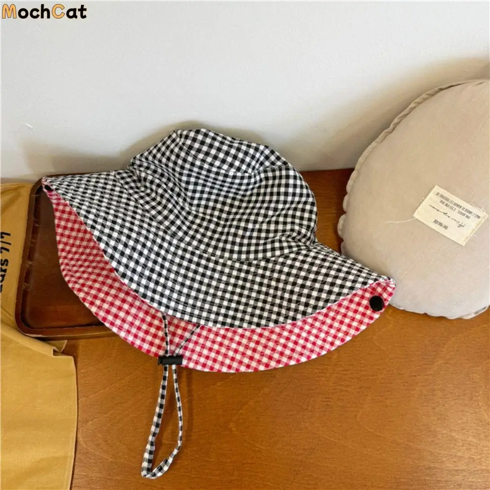 

Breathable Drawstring Boys Girls Bucket Cap Double Sided Lattice Children Fisherman Hat Anti-UV Casual Baby Sun Hat Boy/Girls