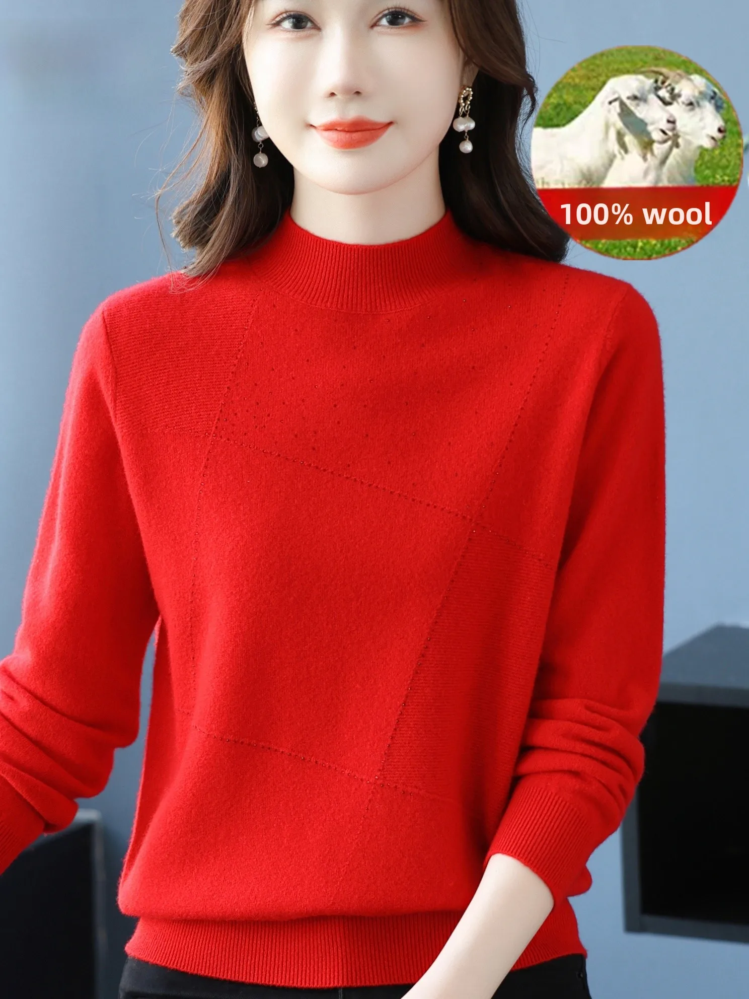

Autumn Winter 100 Pure Wool Sweater Women's Overhead Knitted Half High Collar Mom's Style Red Base Shirt Zodiac Year Top