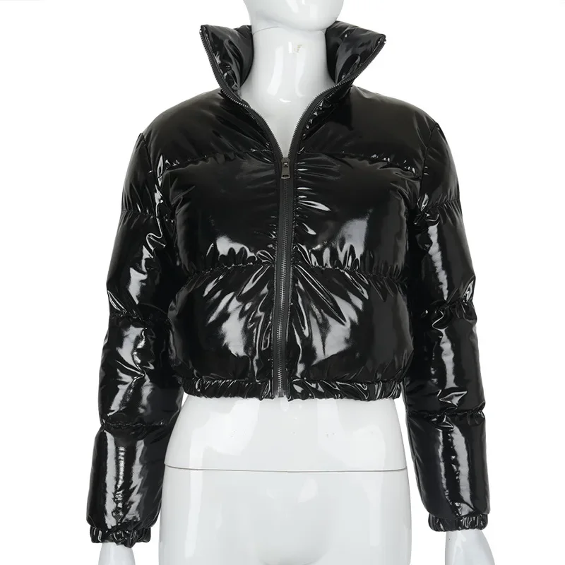 

Fashion Cute Women Bright PU Pink Black Jacket Winter Warm Coats Shiny Leather Parkas Cotton Zipper Cropped Jackets Parkas