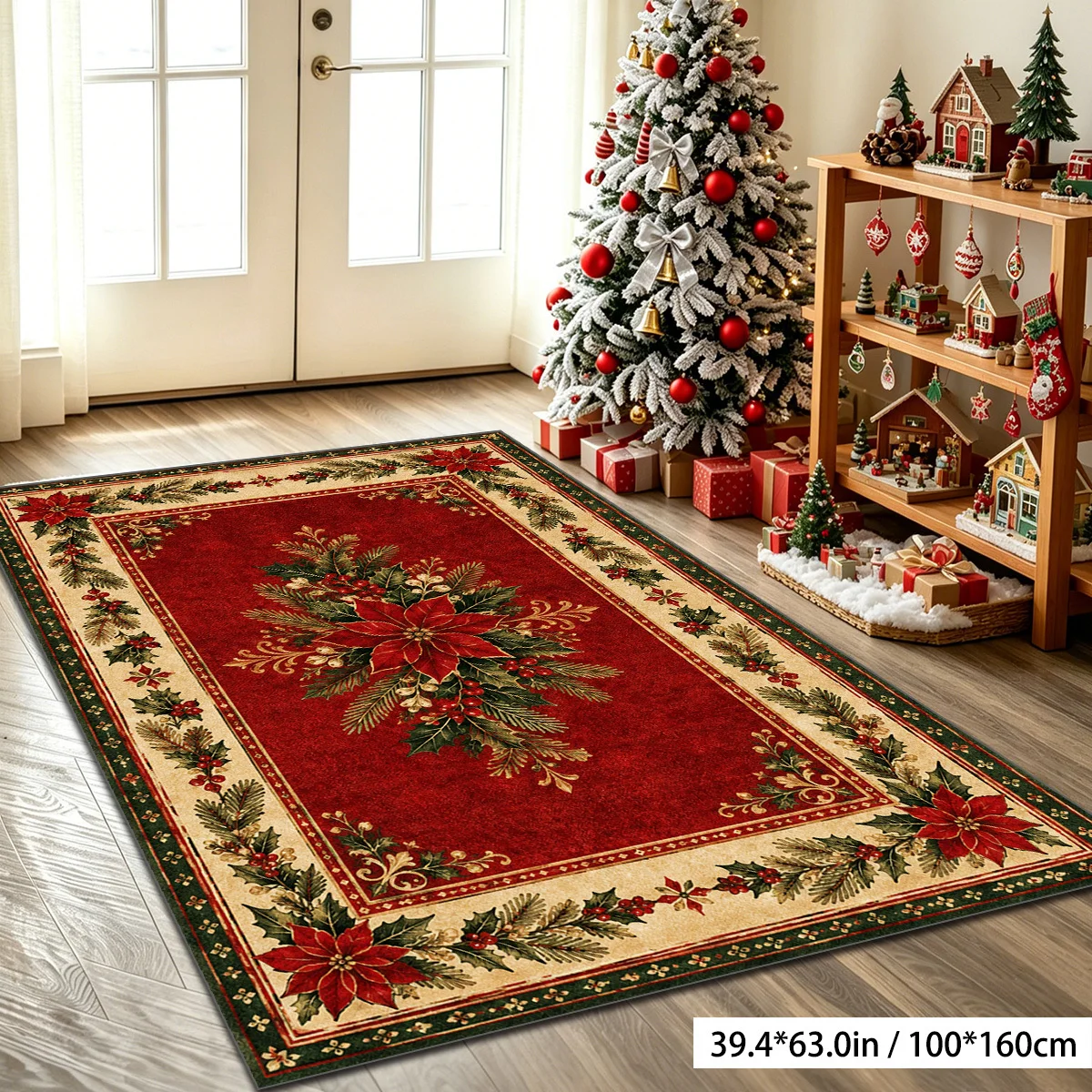 1pc Vintage Christmas Red Berry Rug, Machine Washable Decor Mat, Multiple Sizes, for Living Room, Bedroom, Entryway