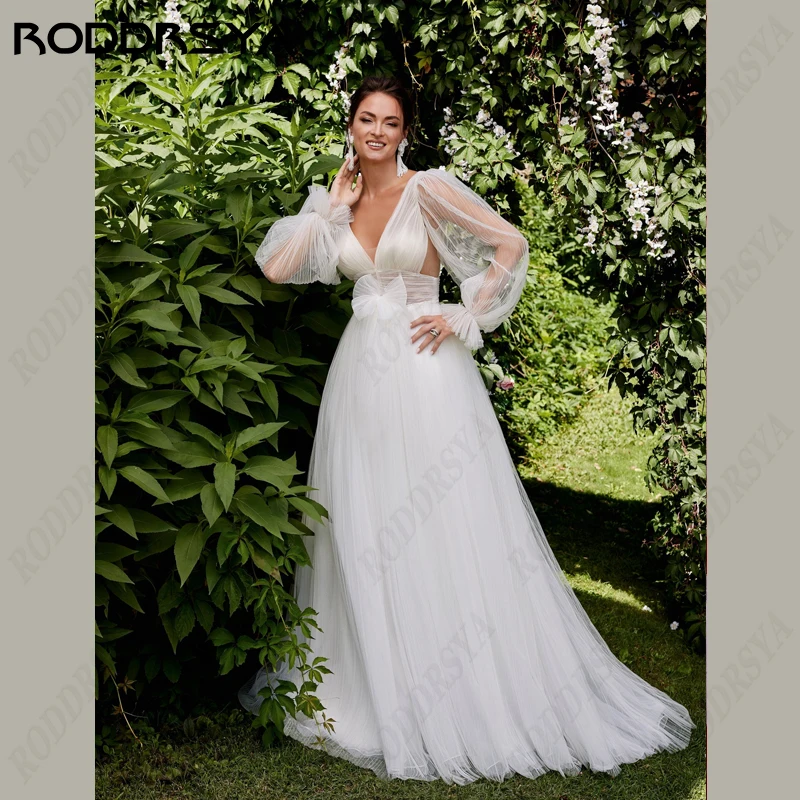 

RODDRSYA Long Fuff Sleeve Wedding Dress V-Neck Straps Bridal Gowns Tulle Robe De Mariée A-line Bow Bride Party For Plus Size