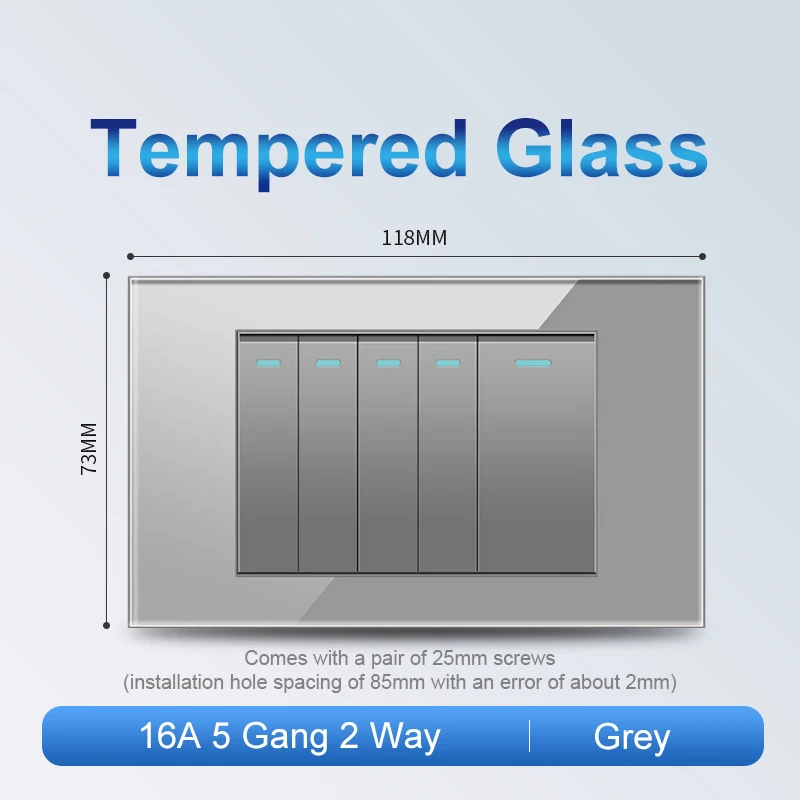 

ELEGAN Grey Tempered Glass Panel US TH Standard 1/2/3/4/5/6Gang Switch Push Button Outlet Usb Type-c Wall TH Socket Light Switch