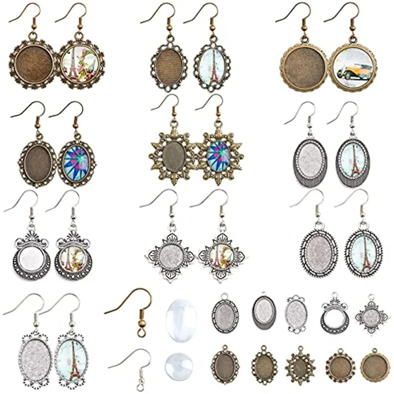 

180Pcs 10 Styles Antique Bronze Bezel Pendant Trays Set Round Oval Bezel Pendant Trays with 12/13/20mm Clear Glass Cabochons DIY