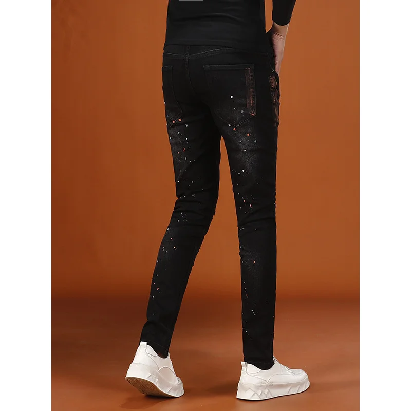 Уличные красивые мужские брюки, модный принт с краской, повседневная стрейч, маленькие ноги, ностальгические рваные джинсы в стиле ретро.