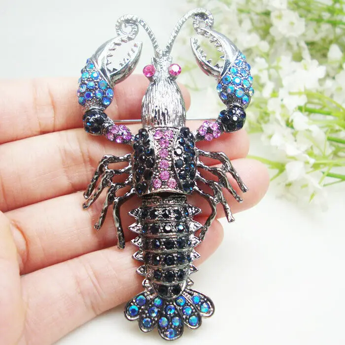 Vintage Style Blue Lobster Brooch Pin for Women Rhinestone Crystal Fashion Accessory for Party