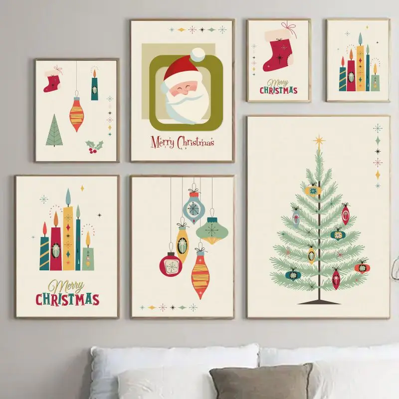 Cartoon Merry Christmas Canvas Painting Retro Santa Claus Wall Art Prints Posters Nordic Christmas Tree Pictures Home Decorat