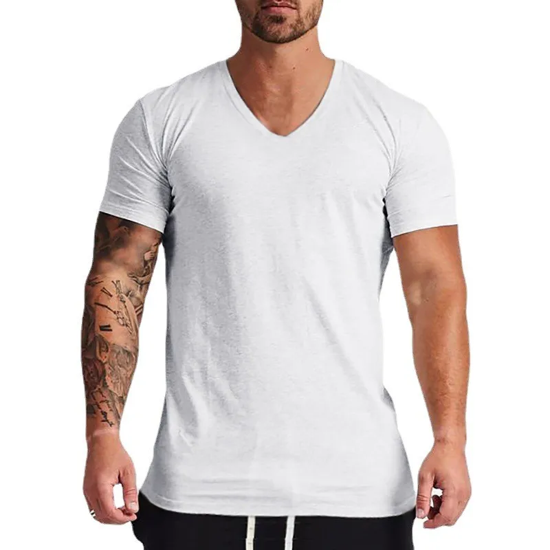 Solid Cotton V-Neck Short Sleeve Running T-Shirts Men Summer Gym T Shirt Fitness Clothing Slim Fit Bodybuilding Workout Tee Tops