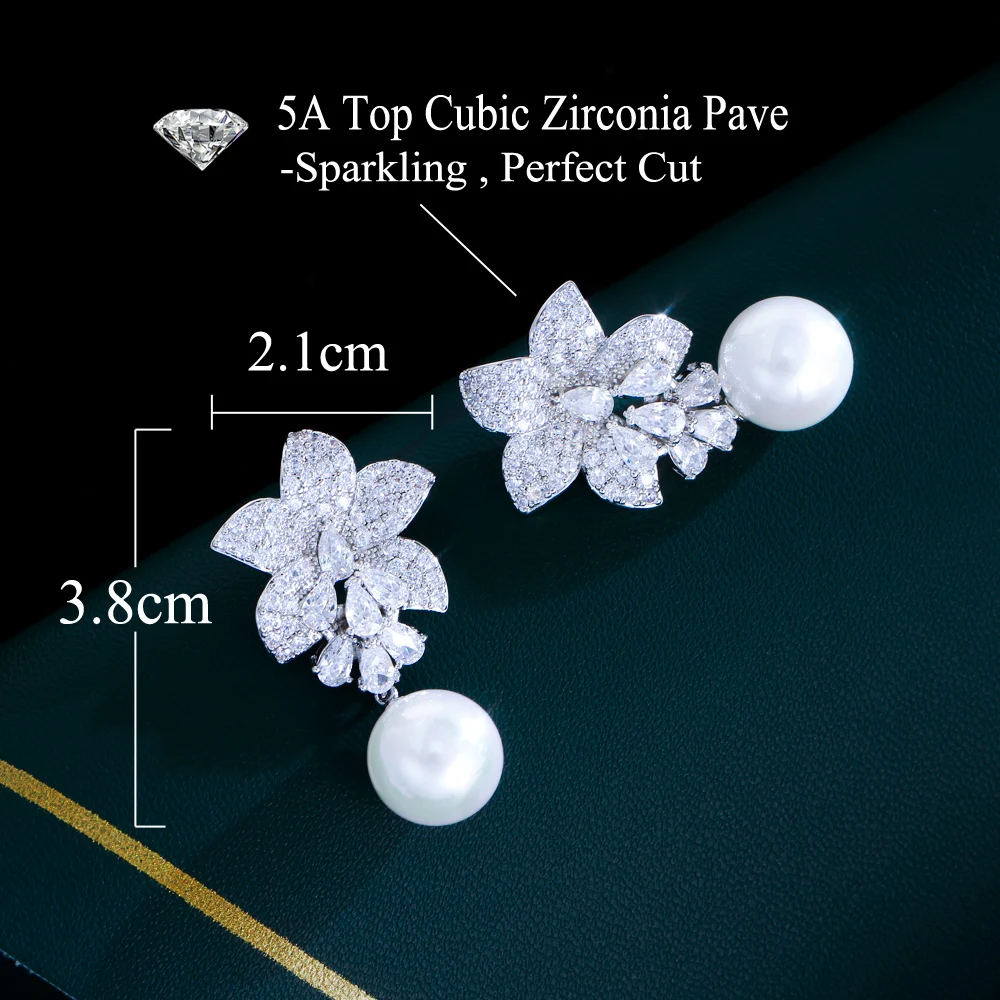 CWWZircons Shiny White CZ Zircon Pretty Flower Leaf Shape Long Dangling Pearl Drop Party Engagement Earrings for Women CZ739