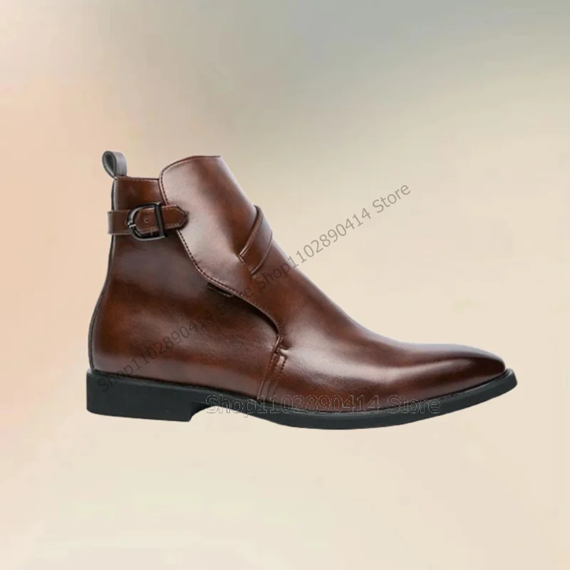 Brown Black Belt Fastener Decor Ankle Boots Fashion Slip On Men Boots Luxurious Handmade Party Banquet Office Men Dress Shoes