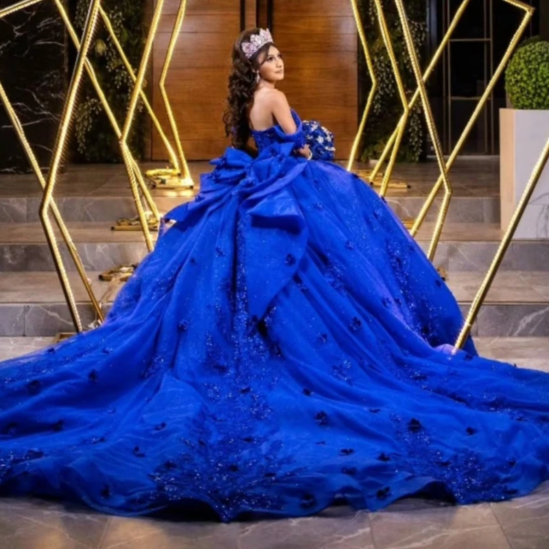 Royal Blue Shiny Quinceanera Dresses Off The Shoulder Applique Flower Beading Crystal Bow Tull Party Birthday Sweet 16 Dress