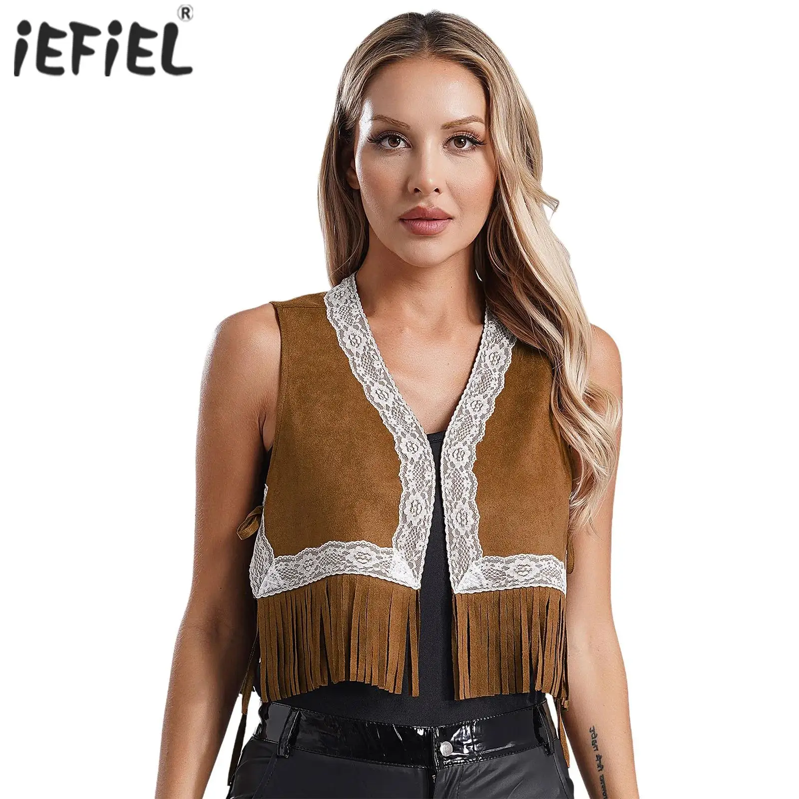 Womens Western Cowgirl Costume Cosplay Party Vest Waistcoat V Neck Open Front Lace Trim Tassel Trim Tank Top Crop Top Dress Up