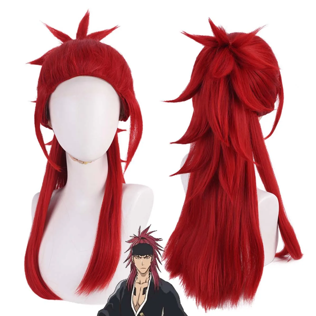 

Мужской парик для косплея Ренджи Абараи из аниме Bleach, винно-красный, с длинными волосами и хвостом, для вечеринок
