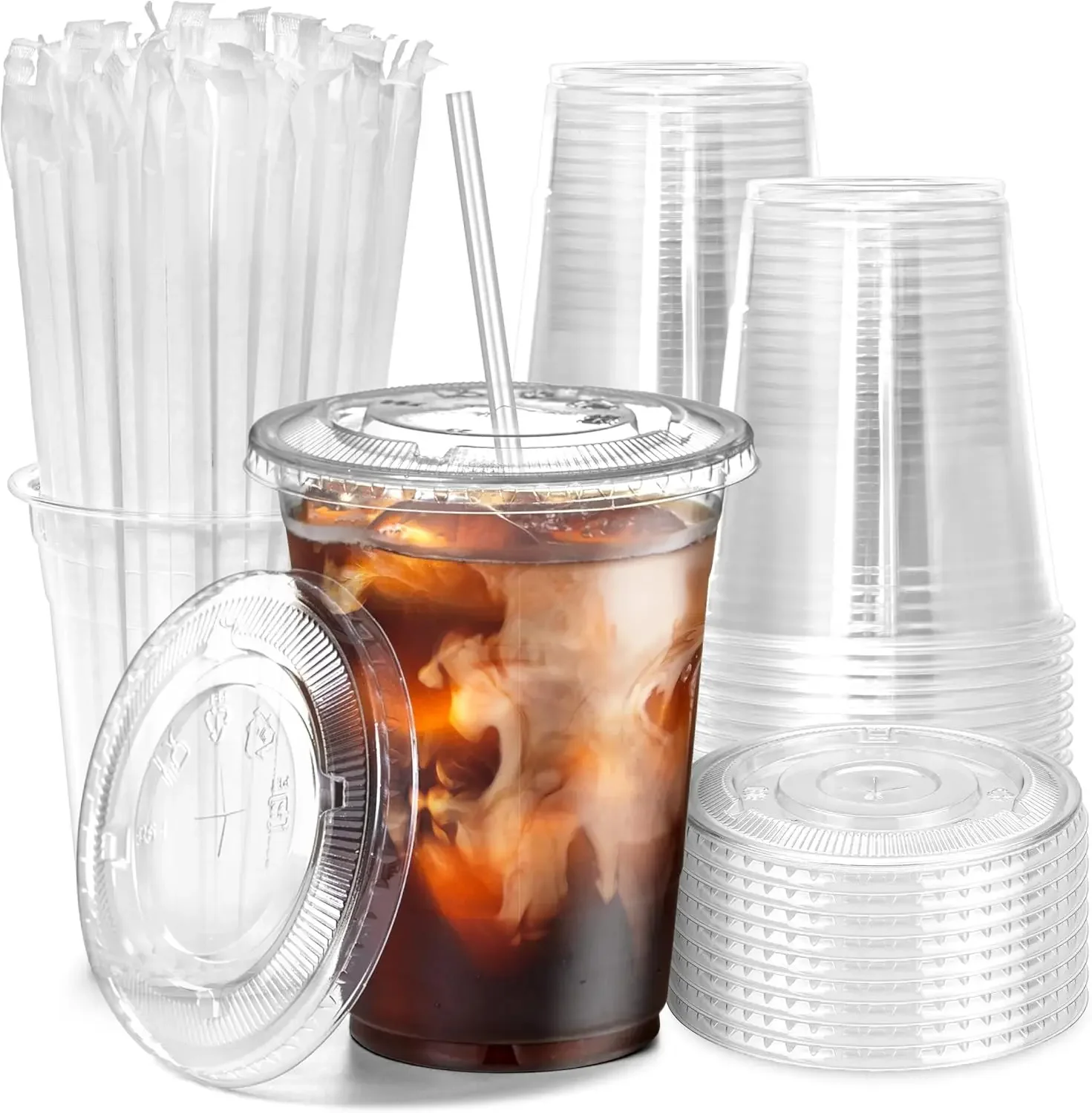 100 Pack 12/16/20/24OZ Clear Plastic Cups with Flat Lids and Straws Free BPA for Iced Coffee  Party Smoothie, Cold Drinks