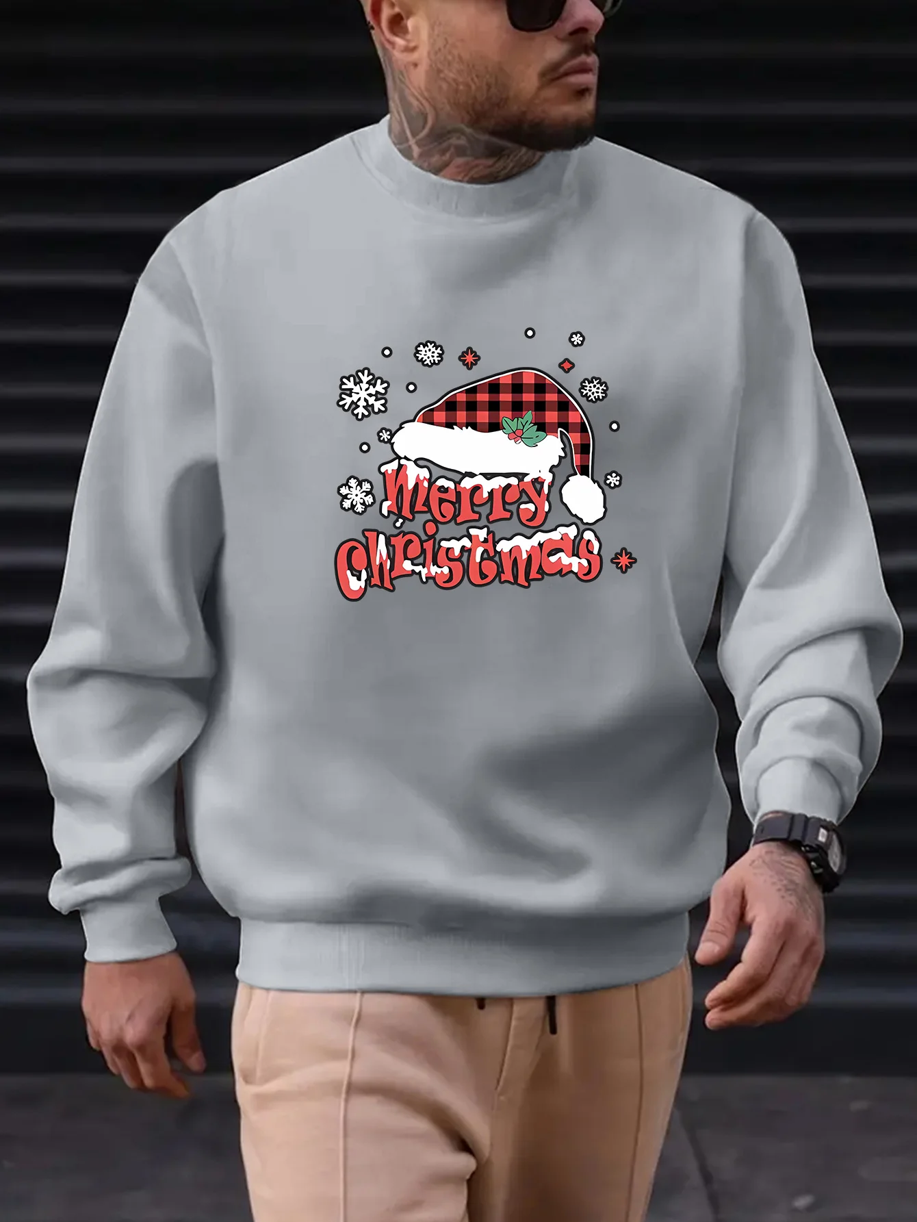 Merry Christmas Print Men's Sweatshirt - Casual Long Sleeve Crew Neck Pullover, Perfect for Fall & Winter