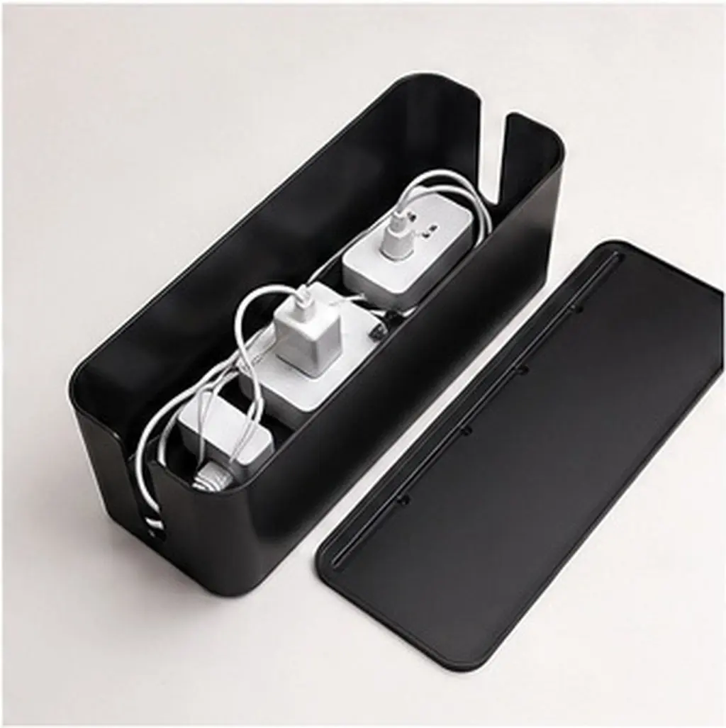 1 Item Cable Management Box Black Medium Reliable Plastic Design for Home Office Use Holds Chargers Adapters USB Hubs Cables