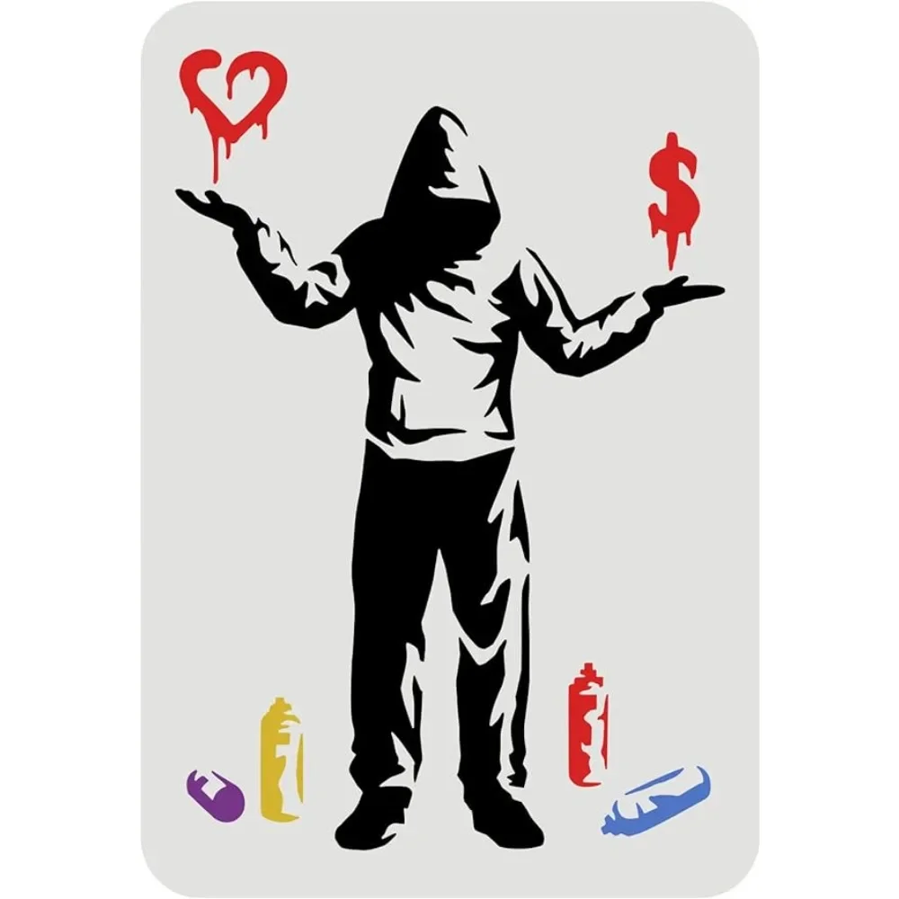 Banksy 재사용 가능한 스텐실 후디, 사랑 또는 돈 스텐실, 남자 패턴 드로잉 스텐실, 은행시 장식, 11.7x8.3 인치