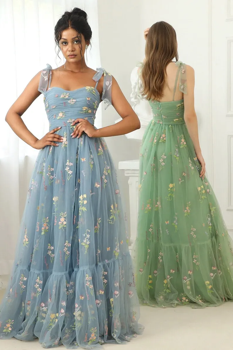 Tulle Floral Long Homecoming Dresses Sweetheart Bow Tie Straps Backless A-line Prom Dress Pleated Elegant Teen's Evening Gowns